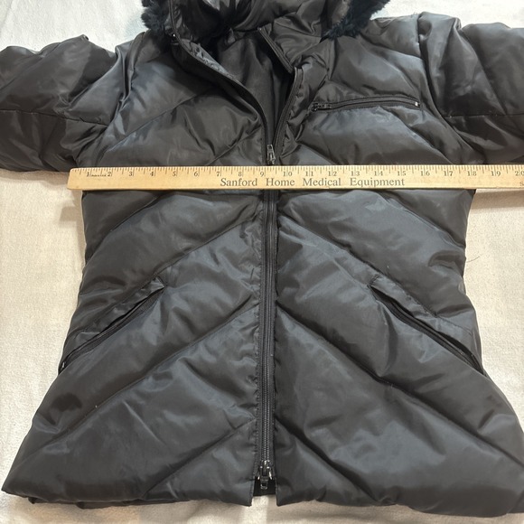 BEBE Black PufferJacket Genuine Rabbit Fur Trim Hood Down Parka Women's Size S - Picture 3 of 6